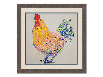 A drip painting of an abstraction of a rooster, made in orange, yellow, white, and blue, accented by red, against a pale background. Printed on paper, matted, and framed.