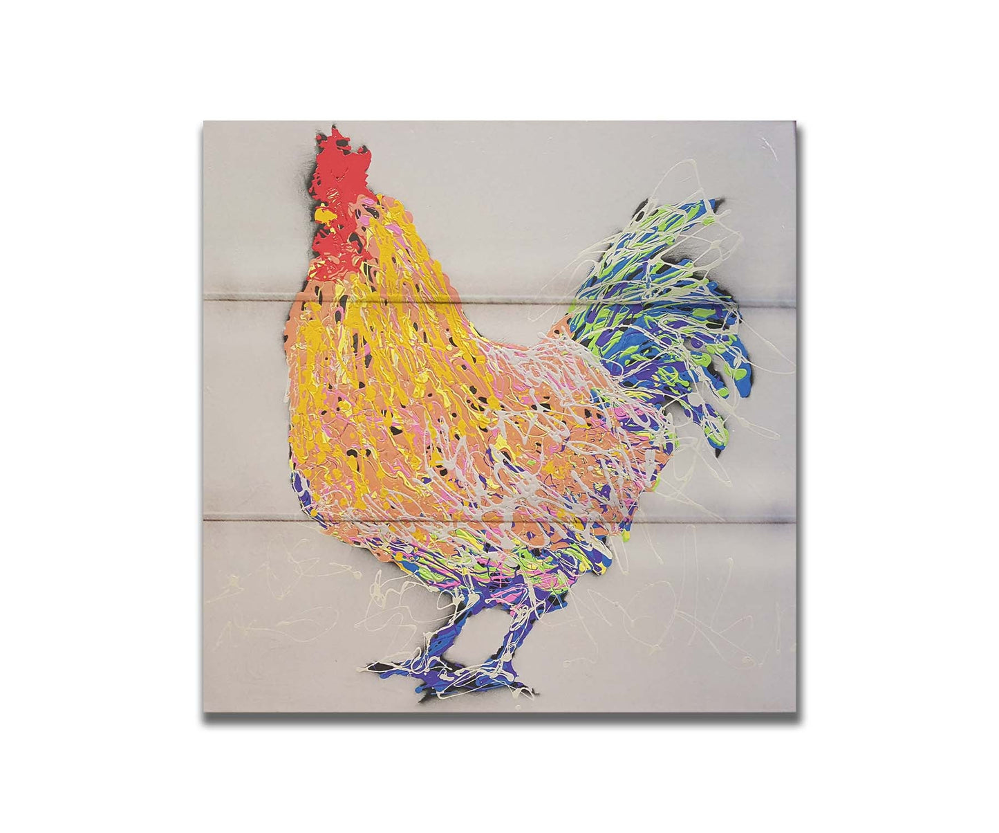 A drip painting of an abstraction of a rooster, made in orange, yellow, white, and blue, accented by red, against a pale background. Printed on a box board.