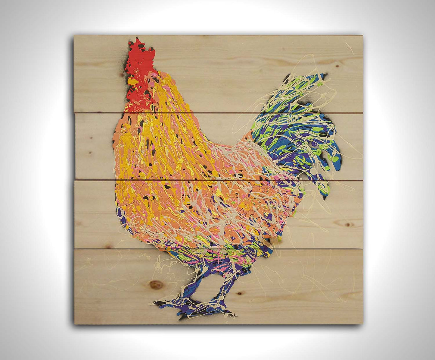 A drip painting of an abstraction of a rooster, made in orange, yellow, white, and blue, accented by red, against a pale background. Printed on a wood pallet.