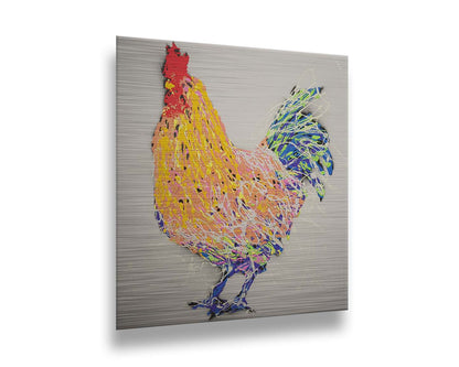 A drip painting of an abstraction of a rooster, made in orange, yellow, white, and blue, accented by red, against a pale background. Printed on metal.