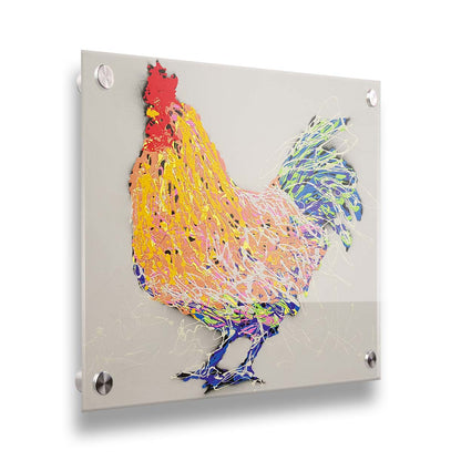 A drip painting of an abstraction of a rooster, made in orange, yellow, white, and blue, accented by red, against a pale background. Printed on acrylic.