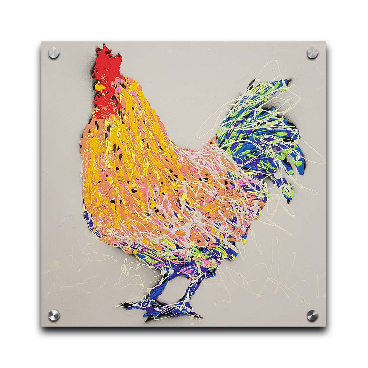 A drip painting of an abstraction of a rooster, made in orange, yellow, white, and blue, accented by red, against a pale background. Printed on acrylic.