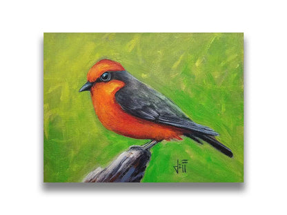 A painting of a vermilion flycatcher bird, with red and black feathers, perched on a piece of wood before a green background. Printed on canvas.