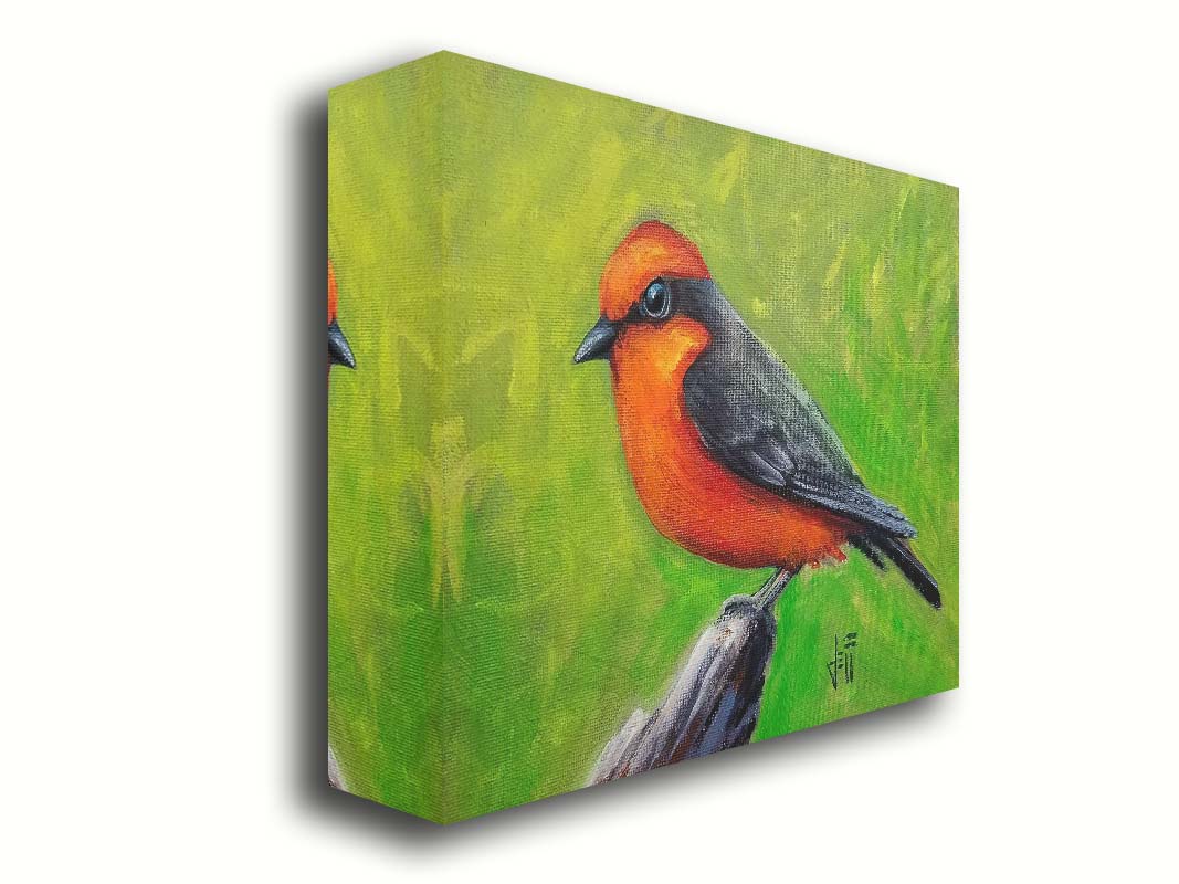 A painting of a vermilion flycatcher bird, with red and black feathers, perched on a piece of wood before a green background. Printed on canvas.