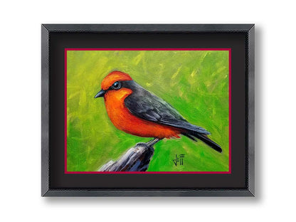 A painting of a vermilion flycatcher bird, with red and black feathers, perched on a piece of wood before a green background. Printed on paper, matted, and framed.