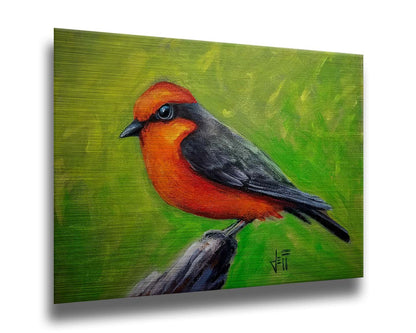 A painting of a vermilion flycatcher bird, with red and black feathers, perched on a piece of wood before a green background. Printed on metal.