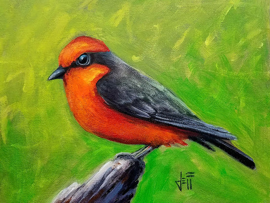 A painting of a vermilion flycatcher bird, with red and black feathers, perched on a piece of wood before a green background. 