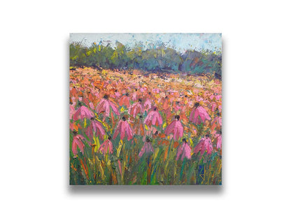 A painting of a field of pink coneflowers, with expressive visible brushstrokes and thick paint that add texture and movement to the landscape. Printed on canvas.