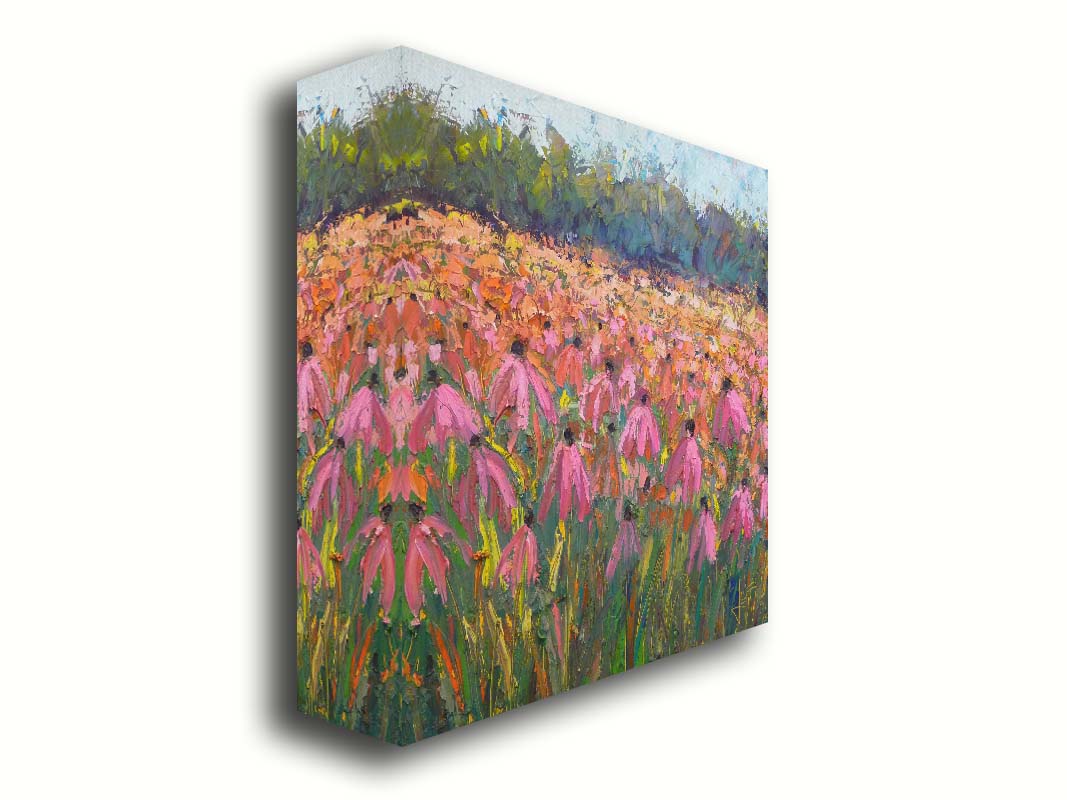 A painting of a field of pink coneflowers, with expressive visible brushstrokes and thick paint that add texture and movement to the landscape. Printed on canvas.