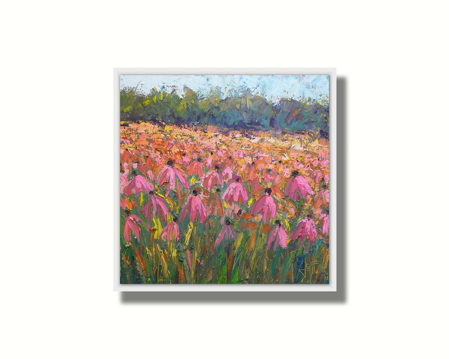 A painting of a field of pink coneflowers, with expressive visible brushstrokes and thick paint that add texture and movement to the landscape. Printed on canvas in a float frame.