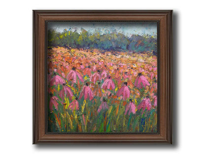 A painting of a field of pink coneflowers, with expressive visible brushstrokes and thick paint that add texture and movement to the landscape. Printed on canvas and framed.