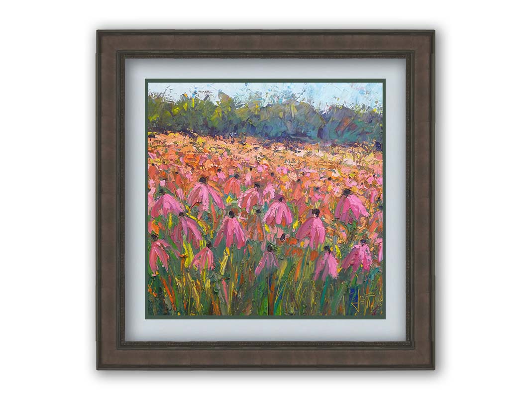 A painting of a field of pink coneflowers, with expressive visible brushstrokes and thick paint that add texture and movement to the landscape. Printed on paper, matted, and framed.