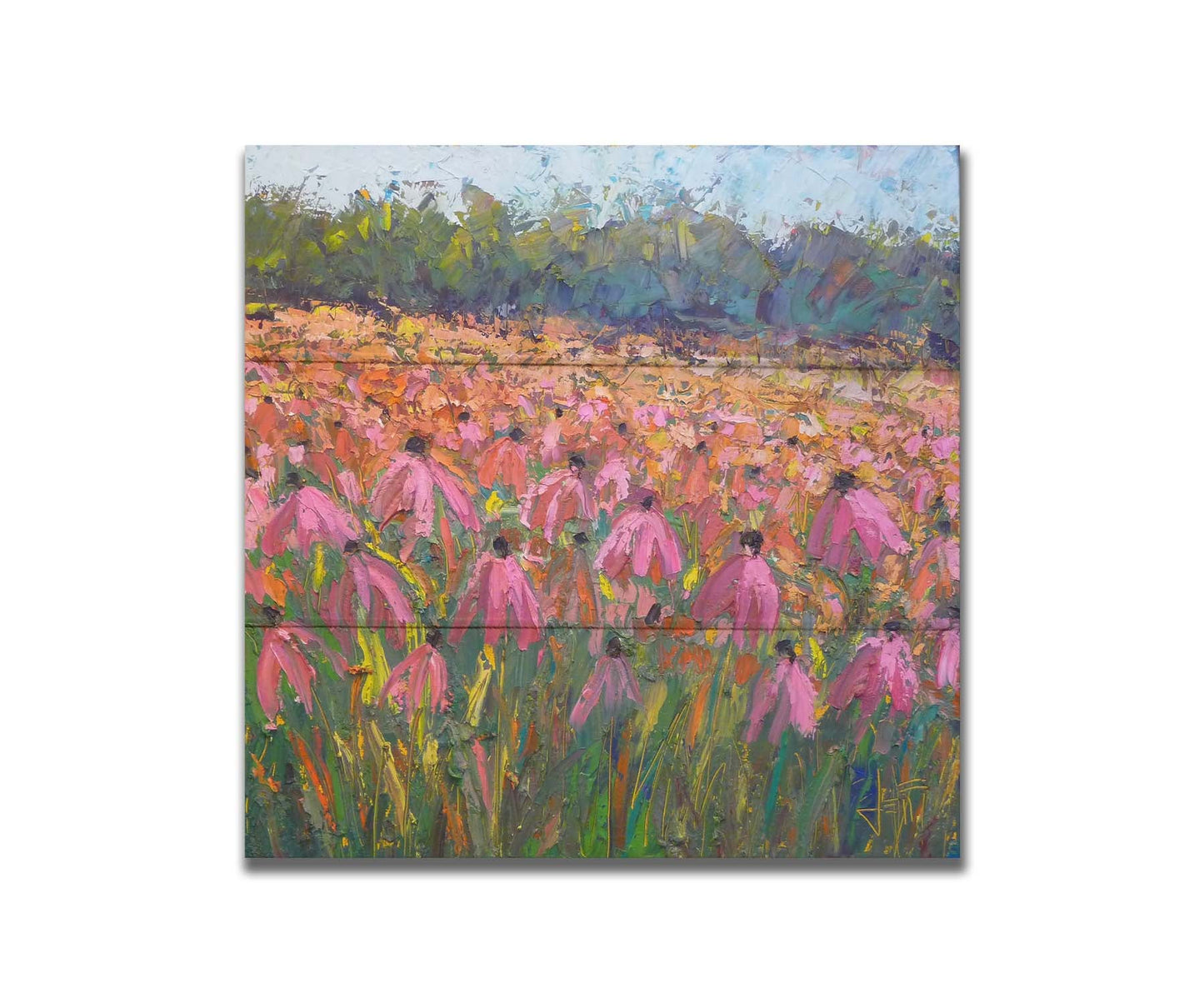 A painting of a field of pink coneflowers, with expressive visible brushstrokes and thick paint that add texture and movement to the landscape. Printed on a box board.