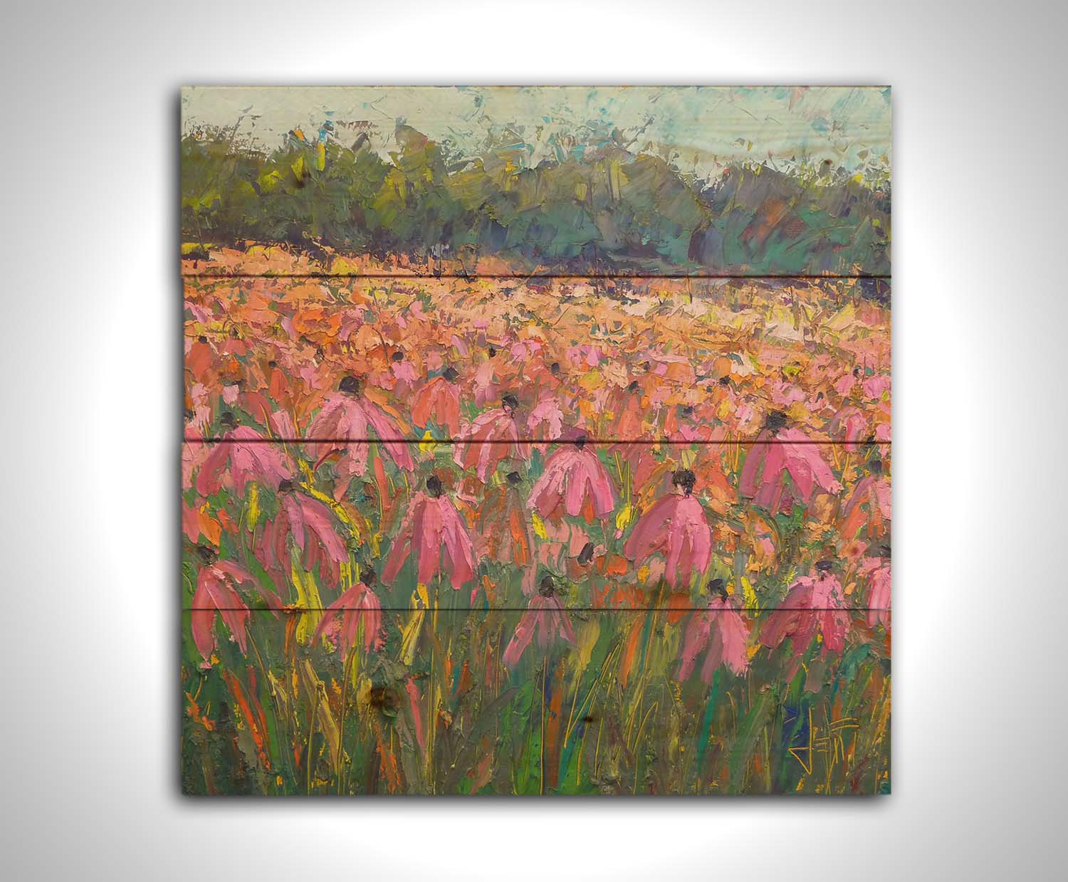 A painting of a field of pink coneflowers, with expressive visible brushstrokes and thick paint that add texture and movement to the landscape. Printed on a wood pallet.