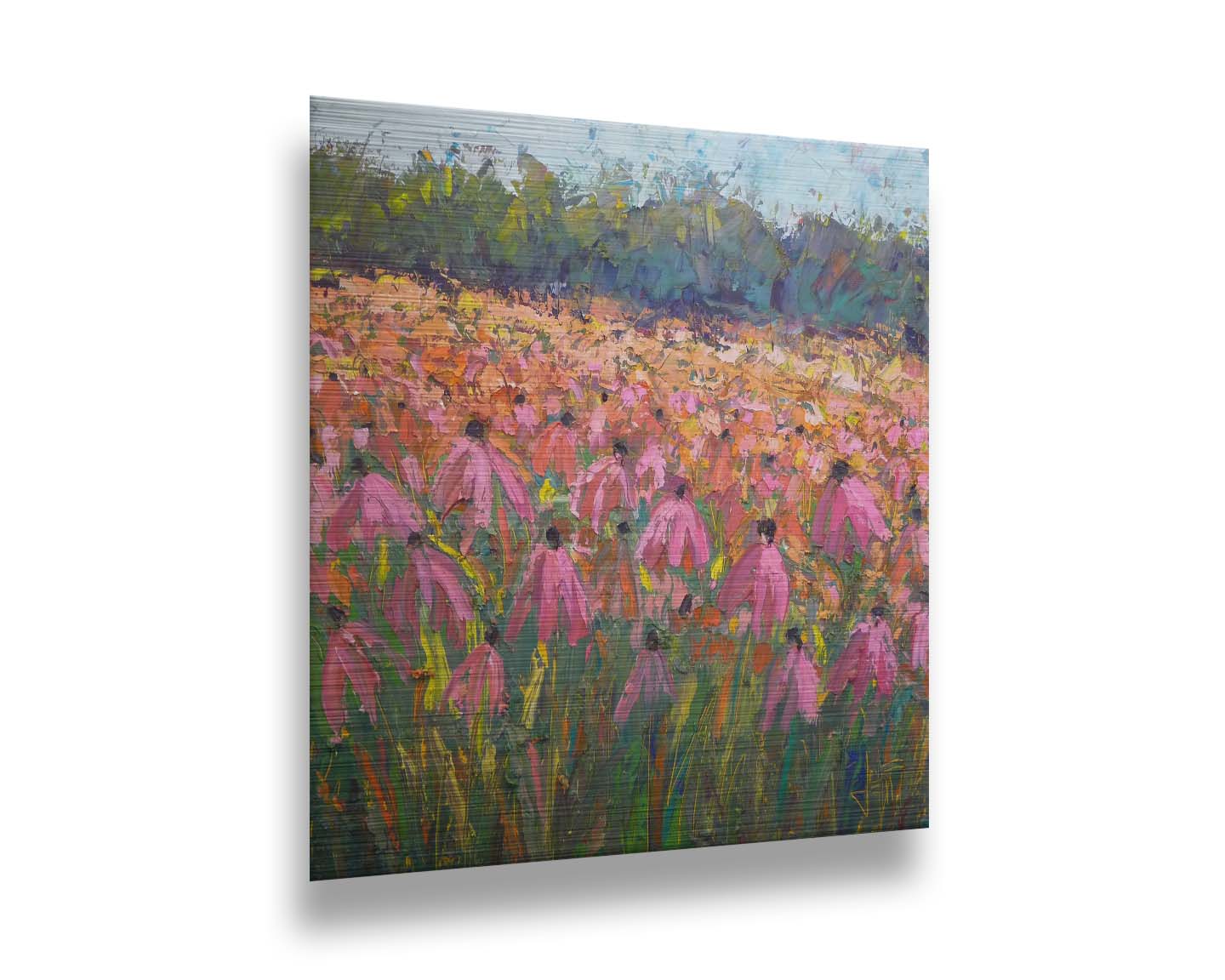 A painting of a field of pink coneflowers, with expressive visible brushstrokes and thick paint that add texture and movement to the landscape. Printed on metal.