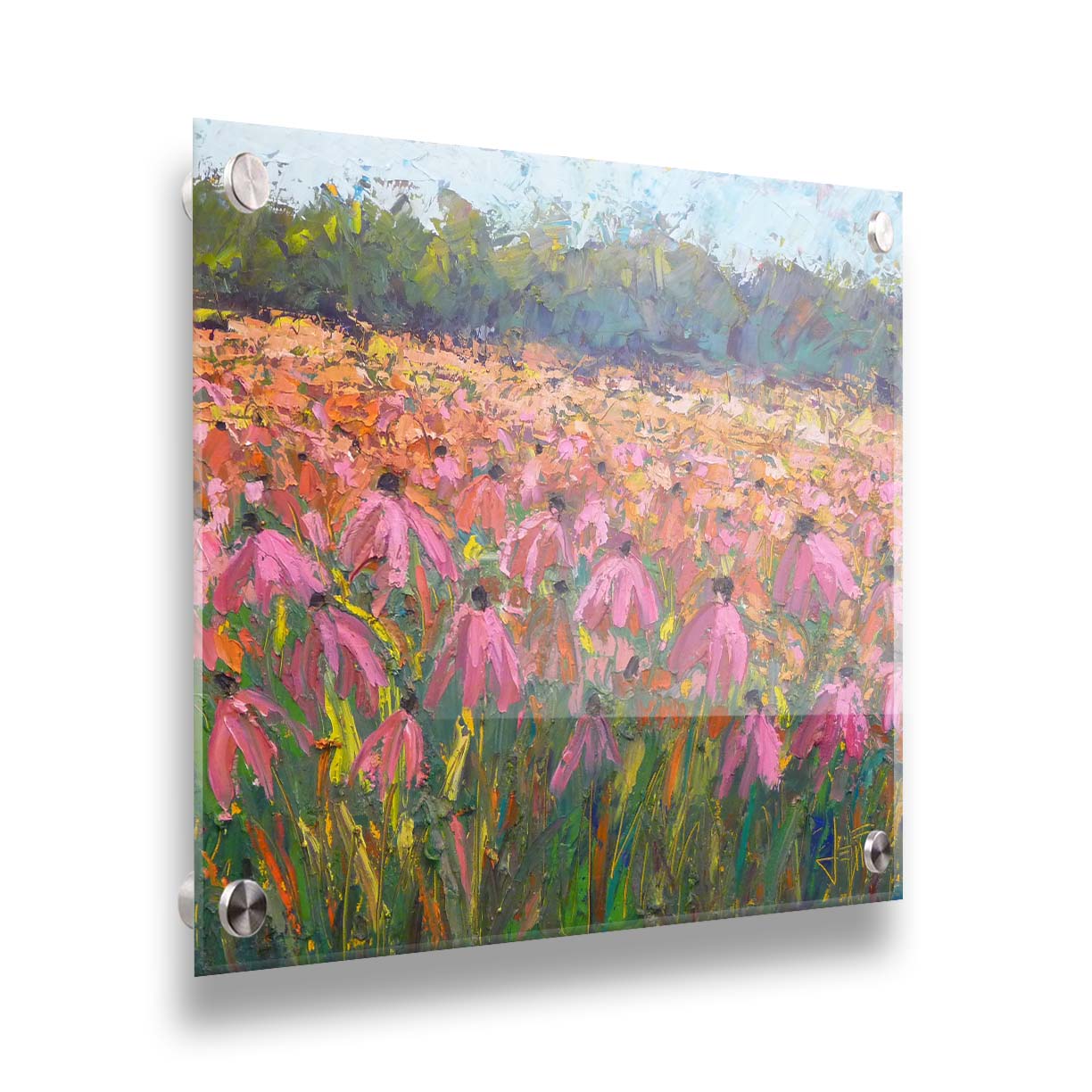 A painting of a field of pink coneflowers, with expressive visible brushstrokes and thick paint that add texture and movement to the landscape. Printed on acrylic.