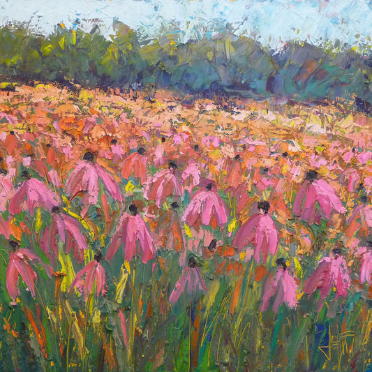 A painting of a field of pink coneflowers, with expressive visible brushstrokes and thick paint that add texture and movement to the landscape.