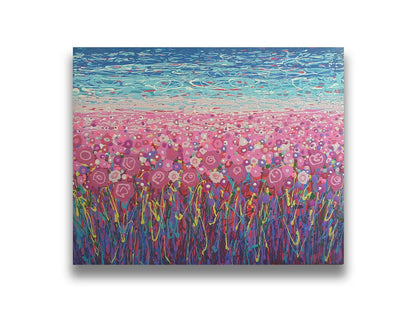 A drip painting of a field of pink and purple flowers, accented with red, yellow, green, and white. Printed on canvas.