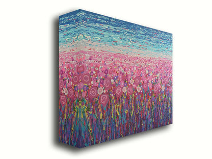 A drip painting of a field of pink and purple flowers, accented with red, yellow, green, and white. Printed on canvas.