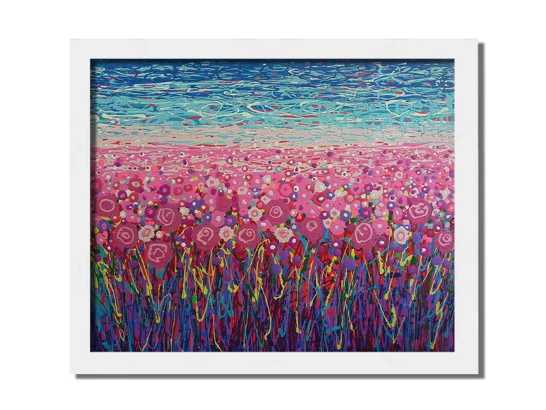 A drip painting of a field of pink and purple flowers, accented with red, yellow, green, and white. Printed on canvas and framed.