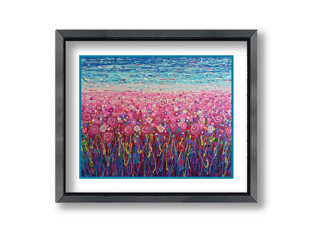 A drip painting of a field of pink and purple flowers, accented with red, yellow, green, and white. Printed on paper, matted, and framed.