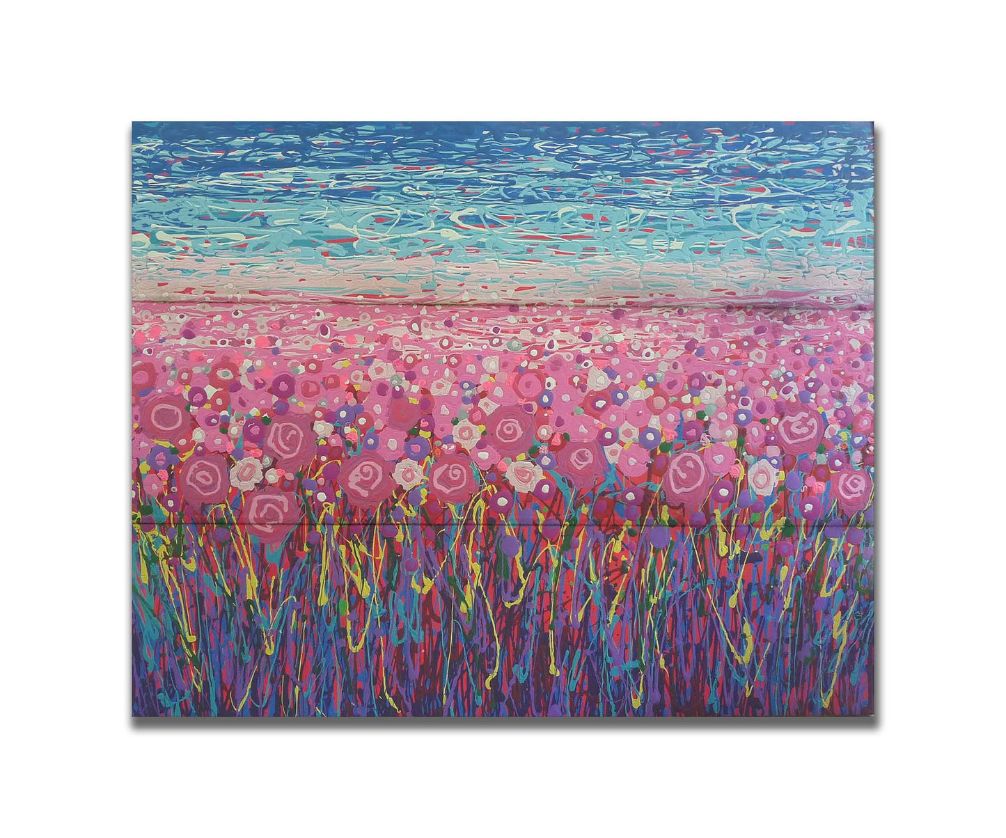 A drip painting of a field of pink and purple flowers, accented with red, yellow, green, and white. Printed on a box board.