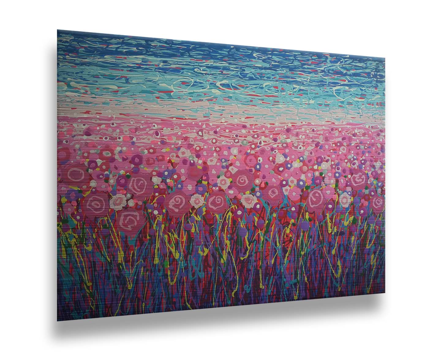 A drip painting of a field of pink and purple flowers, accented with red, yellow, green, and white. Printed on metal.