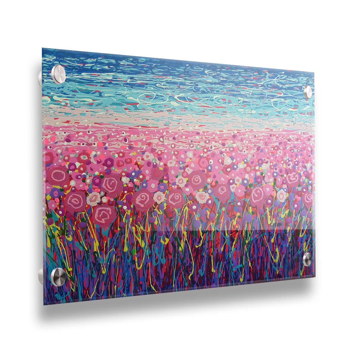 A drip painting of a field of pink and purple flowers, accented with red, yellow, green, and white. Printed on acrylic.