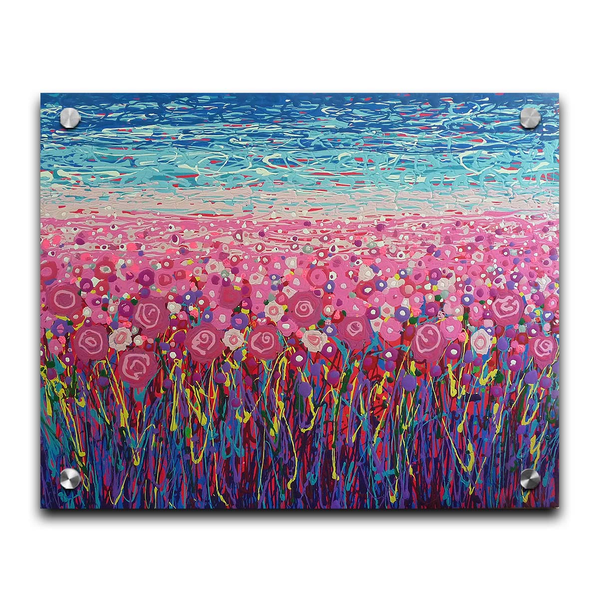 A drip painting of a field of pink and purple flowers, accented with red, yellow, green, and white. Printed on acrylic.