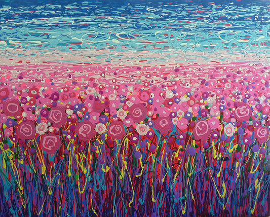 A drip painting of a field of pink and purple flowers, accented with red, yellow, green, and white.