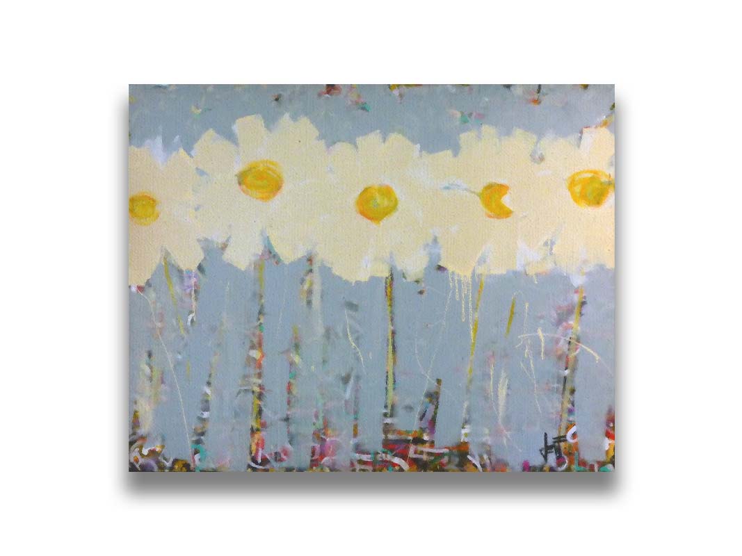 A painting of a row of pale yellow flowers against a pale blue background. Printed on canvas.