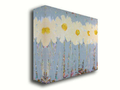 A painting of a row of pale yellow flowers against a pale blue background. Printed on canvas.