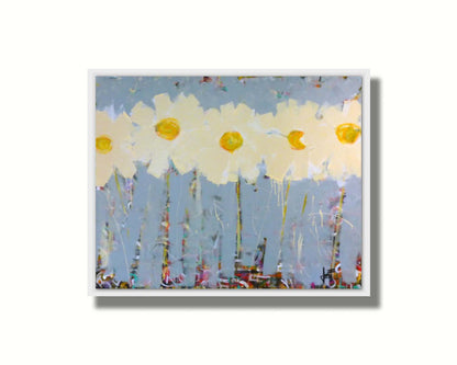 A painting of a row of pale yellow flowers against a pale blue background. Printed on canvas in a float frame.