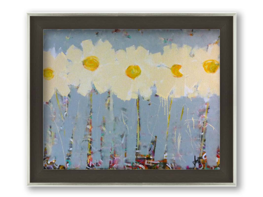 A painting of a row of pale yellow flowers against a pale blue background. Printed on canvas and framed.