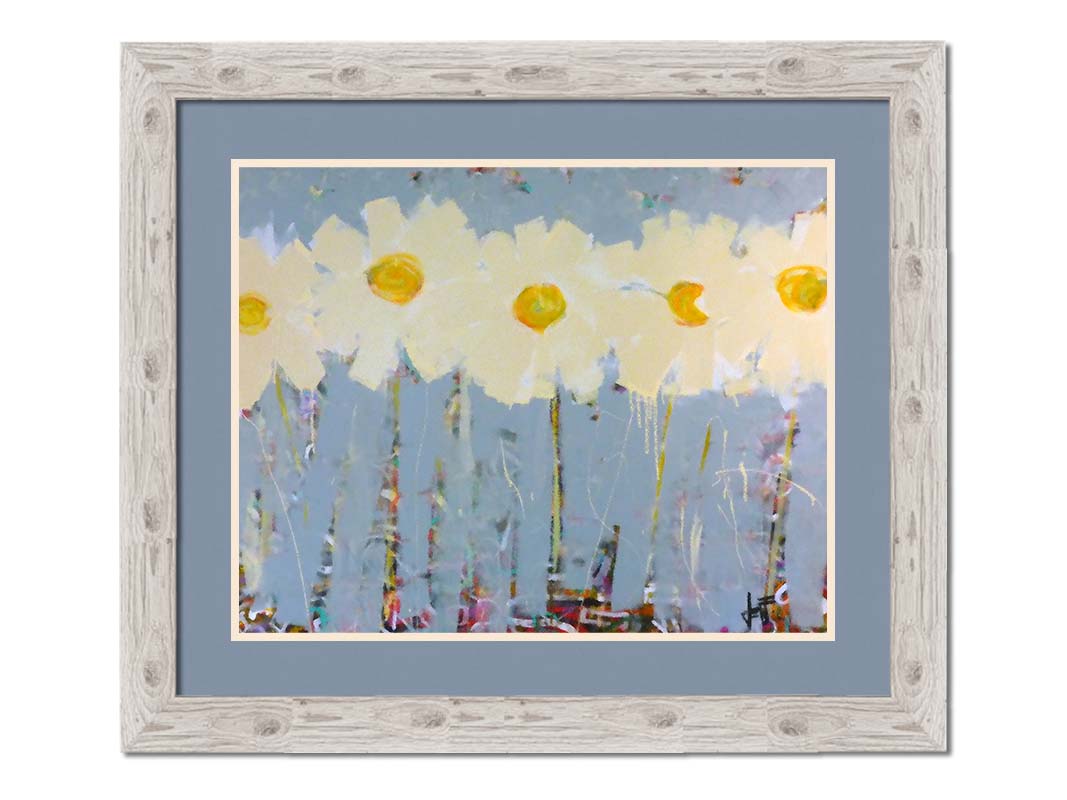 A painting of a row of pale yellow flowers against a pale blue background. Printed on paper, matted, and framed.