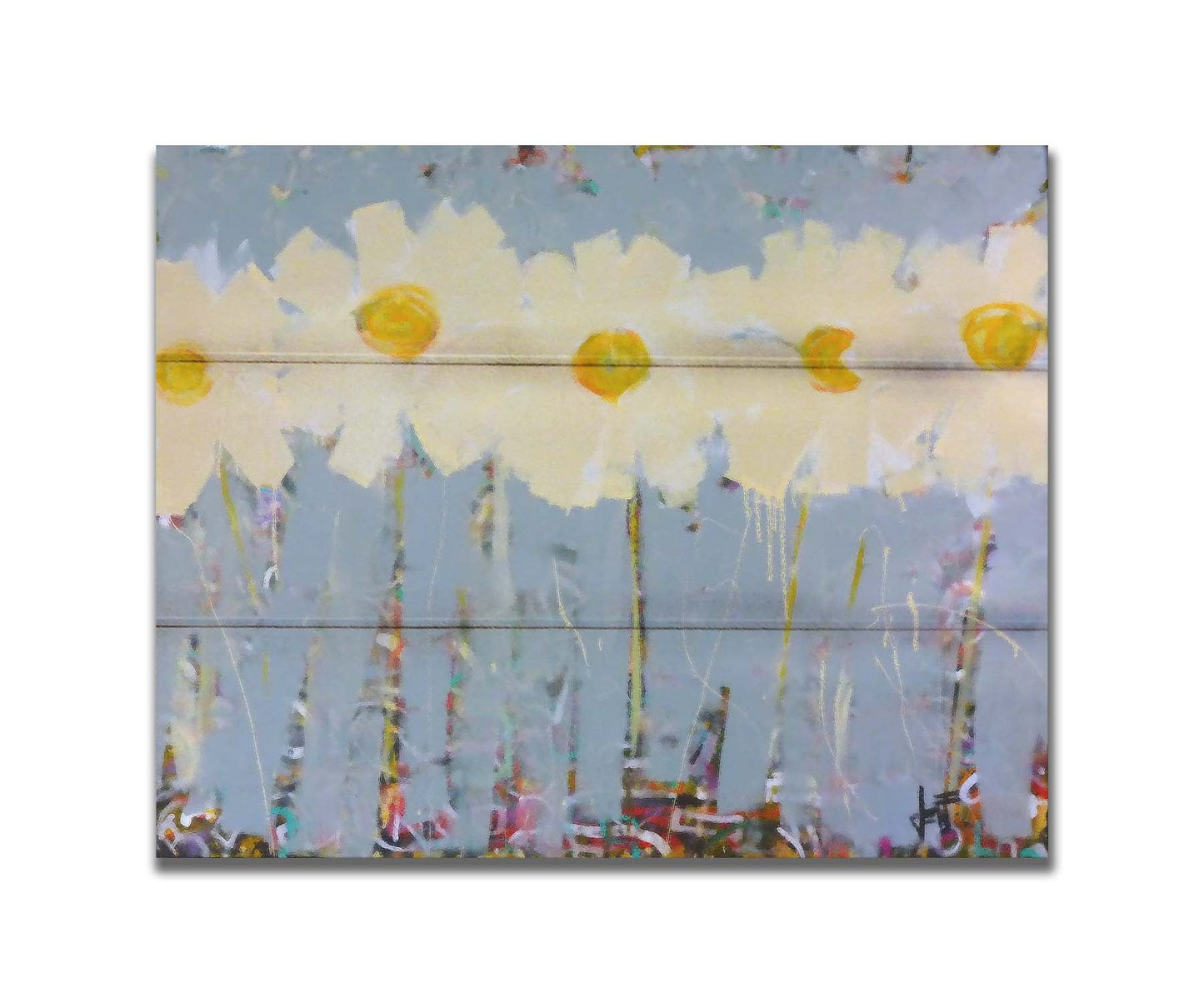 A painting of a row of pale yellow flowers against a pale blue background. Printed on a box board.