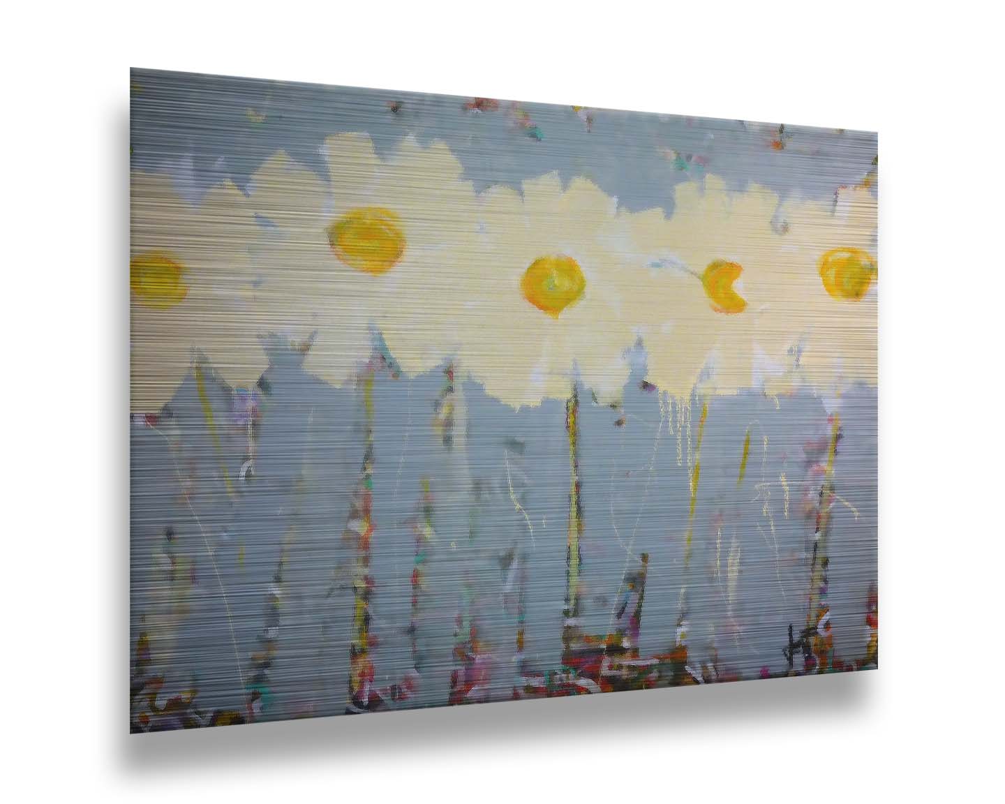 A painting of a row of pale yellow flowers against a pale blue background. Printed on metal.