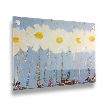 A painting of a row of pale yellow flowers against a pale blue background. Printed on acrylic.