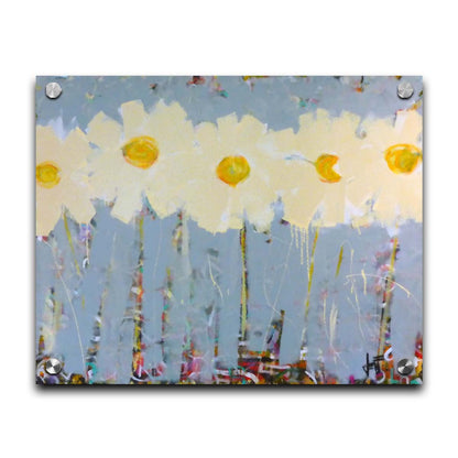 A painting of a row of pale yellow flowers against a pale blue background. Printed on acrylic.