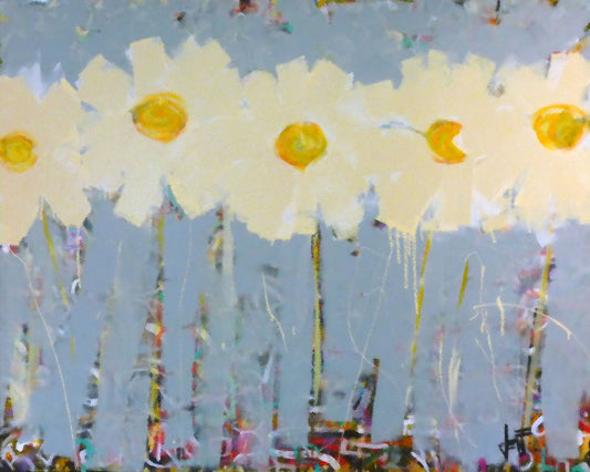A painting of a row of pale yellow flowers against a pale blue background.