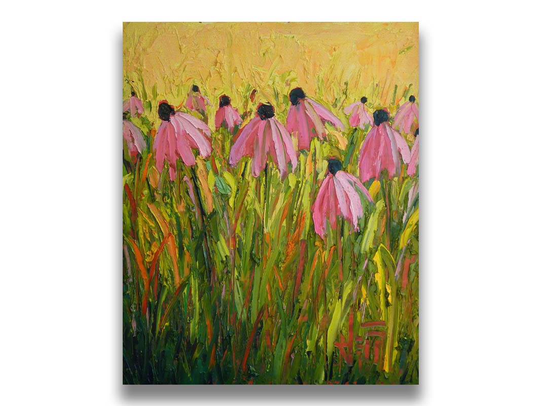 A painting of pink coneflowers, created with visible brushstrokes that add depth and texture. Printed on canvas.