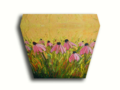 A painting of pink coneflowers, created with visible brushstrokes that add depth and texture. Printed on canvas.