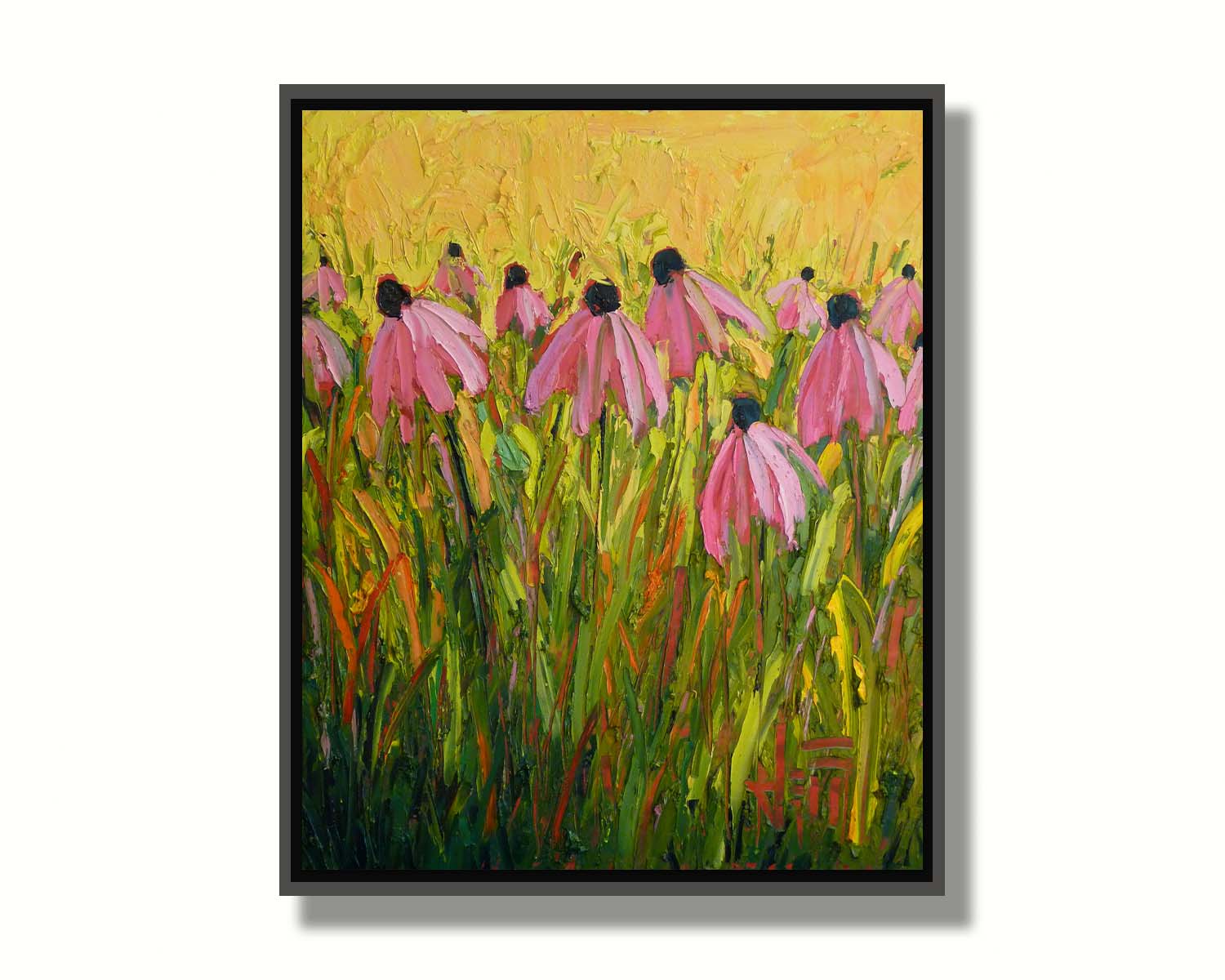 A painting of pink coneflowers, created with visible brushstrokes that add depth and texture. Printed on canvas in a float frame.