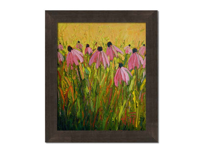 A painting of pink coneflowers, created with visible brushstrokes that add depth and texture. Printed on canvas and framed.