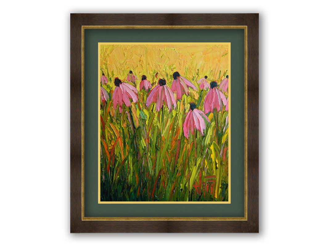 A painting of pink coneflowers, created with visible brushstrokes that add depth and texture. Printed on paper, matted, and framed.