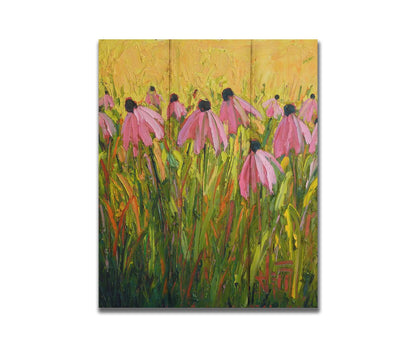 A painting of pink coneflowers, created with visible brushstrokes that add depth and texture. Printed on a box board.