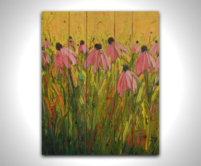 A painting of pink coneflowers, created with visible brushstrokes that add depth and texture. Printed on a wood pallet.