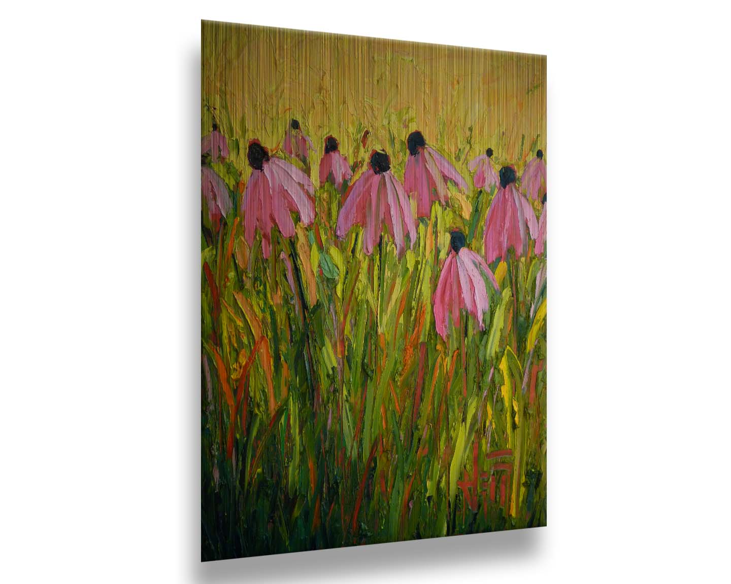 A painting of pink coneflowers, created with visible brushstrokes that add depth and texture. Printed on metal.