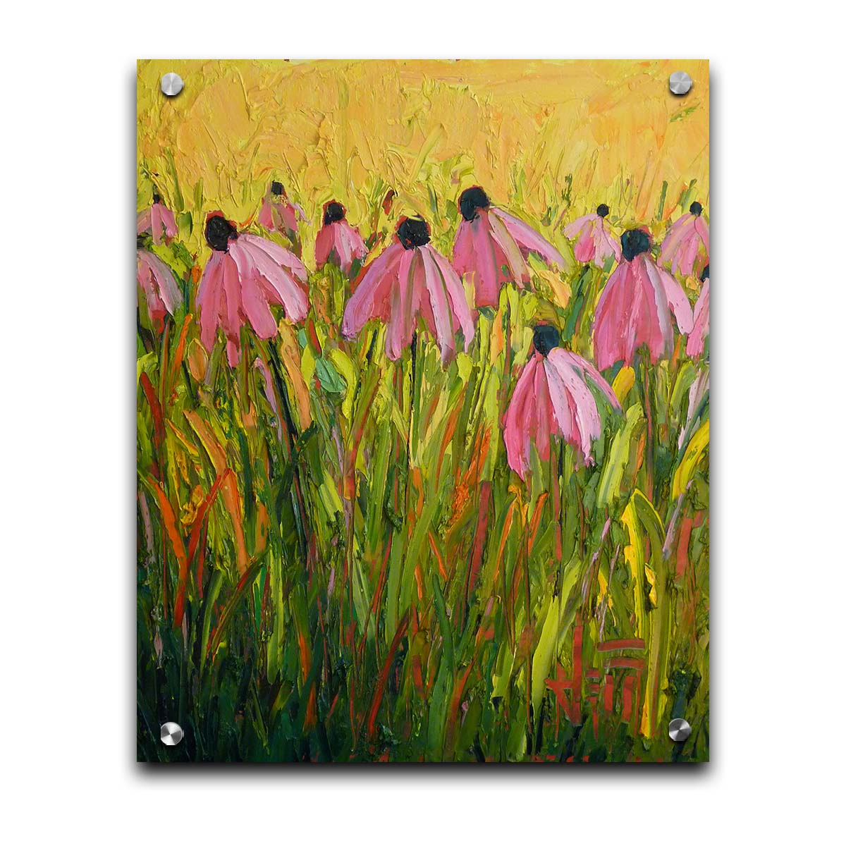 A painting of pink coneflowers, created with visible brushstrokes that add depth and texture. Printed on acrylic.