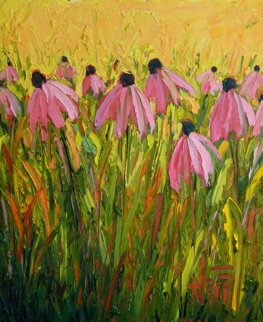 A painting of pink coneflowers, created with visible brushstrokes that add depth and texture.